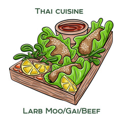 Traditional Thai food. Larb Moo, Gai, Beef on white background. Isolated vector illustration.