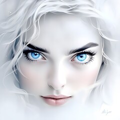 Fototapeta premium delicate-thin-pale-lines-of-the-face-drawing-plump-lips-slightly-open-mouth-frosty-eyebrows