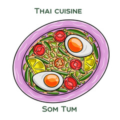 Traditional Thai food. Som Tum on white background. Isolated vector illustration.