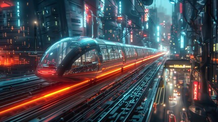 Seamless flow of futuristic urban transport, light trails in smart city mobility hub
