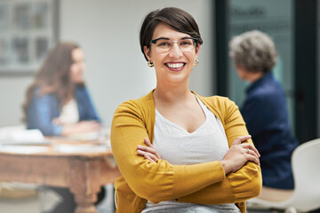 Portrait, smile and woman with arms crossed, business people and confidence with startup. Face,...
