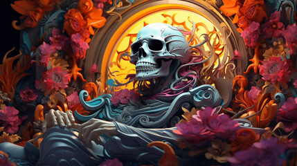 Cartoonish colorful 3d illustration of stylized mythical zombie, contemplation of death.