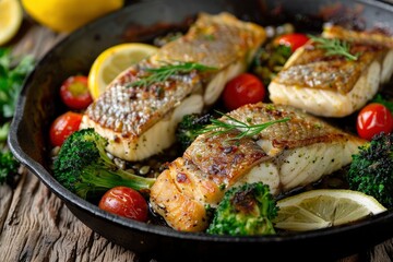 A pan of fish with tomatoes, lemon slices and broccoli is served on a wooden table. The fish is cooked and seasoned, and the vegetables are fresh and colorful