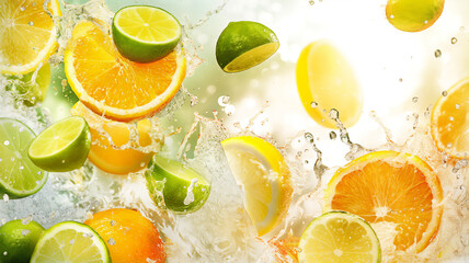 Vivid splash of water bursting around slices of fresh lime and orange, set against a bright, light-filled background.