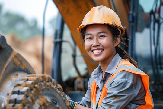 asian female worker in a hard hat