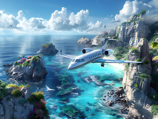 Obraz premium A private jet flies over a tropical island with a blue lagoon.