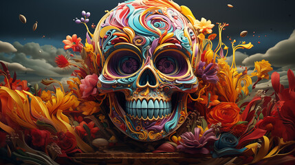 colorful 3d illustration of stylized mythical zombie, contemplation of death