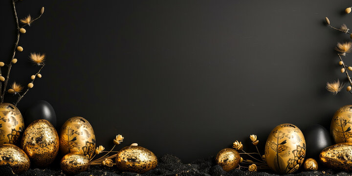 Luxurious Black and Gold Easter Frame Background with Copy Space
