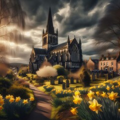 Rural church at night with dramatic stormy sky and daffodils