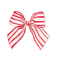 Christmas red ribbon bow tie with stripes. Hand drawn watercolor isolated background