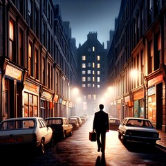 Business man walking down street with tenements, shops and cars at night