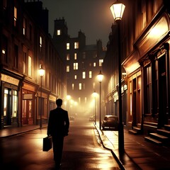 Business man walking down street with tenements, shops and cars at night