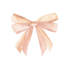 Beige pastel ribbon bow tie. Cute girly style. Hand drawn watercolor isolated on white background