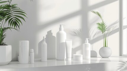 Minimalist Skincare Products Display with Tropical Plant