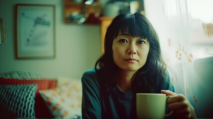 Contemplative Asian Woman Holding a Coffee Mug in a Cozy Home Setting. A Portrait of Solitude and Thoughtfulness