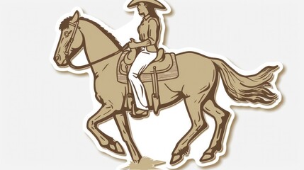 A cowgirl on horseback against a white background