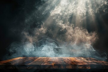 Wooden table with smoke around and bright light shining through.