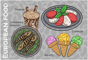 Popular Western & Central European Food Set. Hand-drawn & Vector.