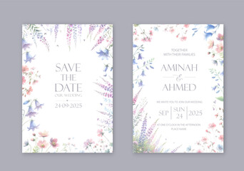 Fototapeta premium Elegant wedding invites with watercolor flowers on white background.