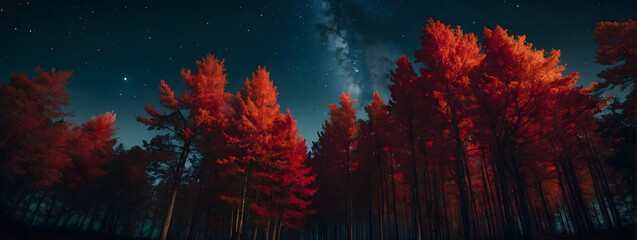 an atmospheric portrayal of a red-hued autumn forest under the vast expanse of the night sky, seen from a low angle.