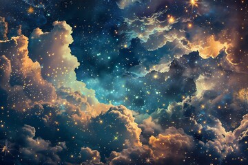 Night sky with clouds and stars as background,   illustration