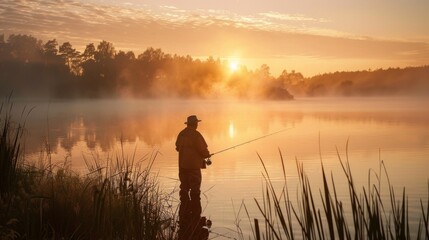 Silhouetted fisherman immersed in solitude casts his rod into a tranquil lake under the soft early summer dawn light