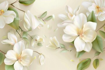 Beautiful white lily  flowers and leaves on a soft colored background .