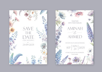 Elegant wedding invites with watercolor violet flowers on white background.