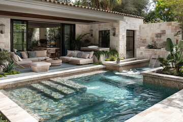 A chic courtyard pool with a sunken seating area and water feature, creating a luxurious outdoor escape for relaxation and entertainment.
