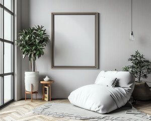 Modern Scandinavian living room design featuring a blank picture frame on a gray wall, minimalist white interior, perfect for home staging