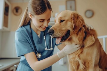 Veterinarian comforting a golden retriever