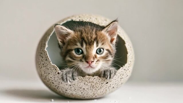 A small newborn kitten hatches from a gray shorthair cat egg against a plain gray background in a studio.