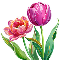 Obraz premium Pink Tulip and another flower, oil color, white background 