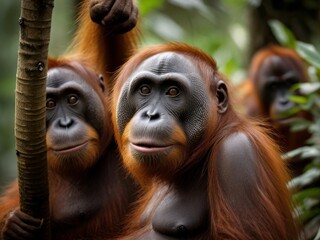 In the lush Malaysian jungle, a group of majestic orangutans swings effortlessly from tree to tree