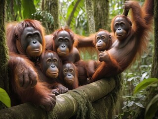 In the lush Malaysian jungle, a group of majestic orangutans swings effortlessly from tree to tree