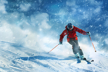 A skier skiing downhill in the high mountains, enjoying the adrenaline rush and breathtaking scenery.