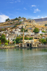 Partly submerged mosque of Eski Halfeti due to the construction of the Birecik dam on the Euphrates...