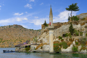 Sunken houses and mosque of Eski Savasan due to the construction of the Birecik dam on the...