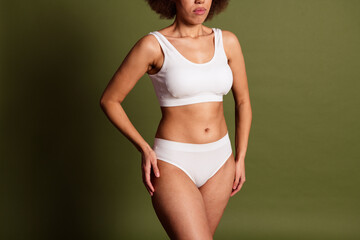 No filter cropped photo of confident lady underwear lingerie loving body positive isolated khaki color background