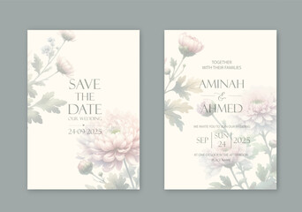 Elegant wedding invites with watercolor flowers on white background.