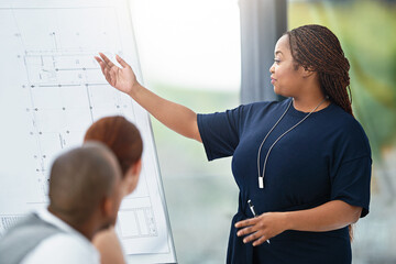 Woman, presentation and architecture blueprints in meeting or remodel, proposal or brainstorming....