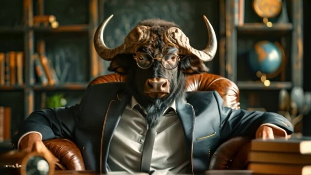 A businessman with a bull's head and a sharp business suit sits confidently at the executive desk in a luxurious office. A buffalo in a stylish CEO outfit sits in the executive office.