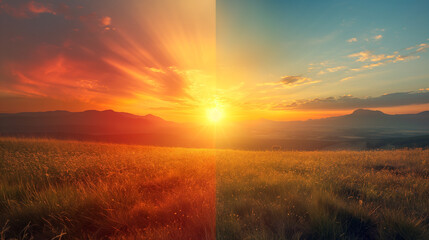 Summer Solstice Sunrise and Sunset Glow over  Fields And Mountains, Sun Equinox And Nature