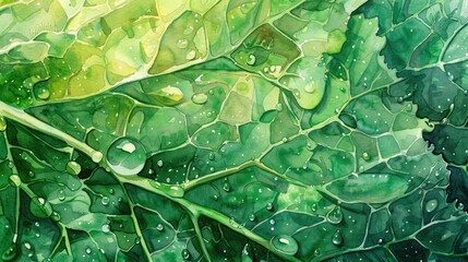 Watercolor depiction of a kale leaf, captured in lush, layered greens, with droplets of water adding a fresh look,