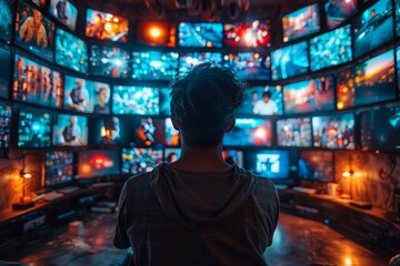 Obraz premium Screen confinement: man trapped within the digital realm, ensnared by technology