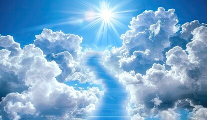 a staircase leading up to heaven in the clouds with the sun shining through the clouds