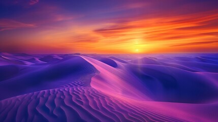 Sunrise paints unusual fractal patterns on undulating desert sand dunes with a vibrant orange and purple gradient sky as backdrop