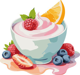 Delicious strawberry yogurt with berry fruits, isolated clipart design element for healthy breakfast, dessert, probiotic, food decoration, health benefits, diet, dairy product, nutrient, advertisement