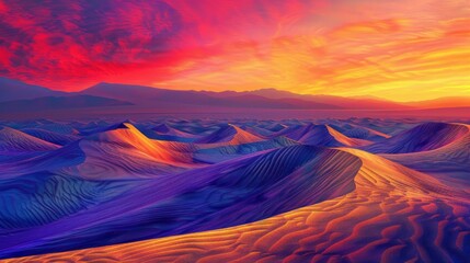 Sunrise paints unusual fractal patterns on undulating desert sand dunes with a vibrant orange and...