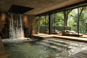 A contemporary indoor pool with a striking waterfall feature, adding a touch of drama and tranquility to the room.